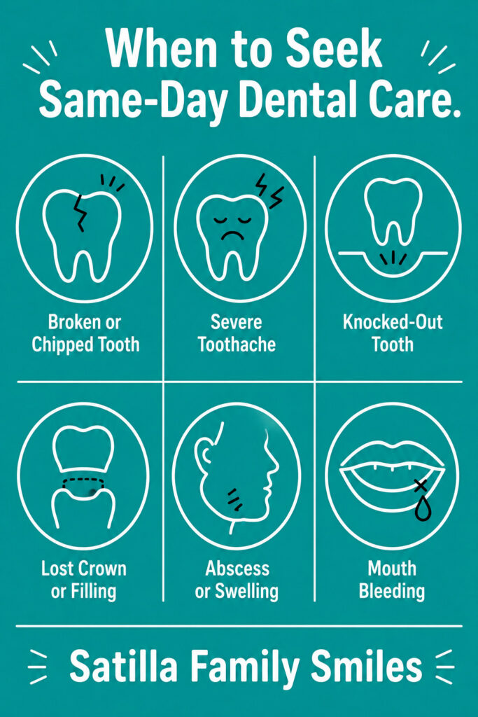 Infographic showing when to seek same-day dental care at Satilla Family Smiles in Brunswick, GA